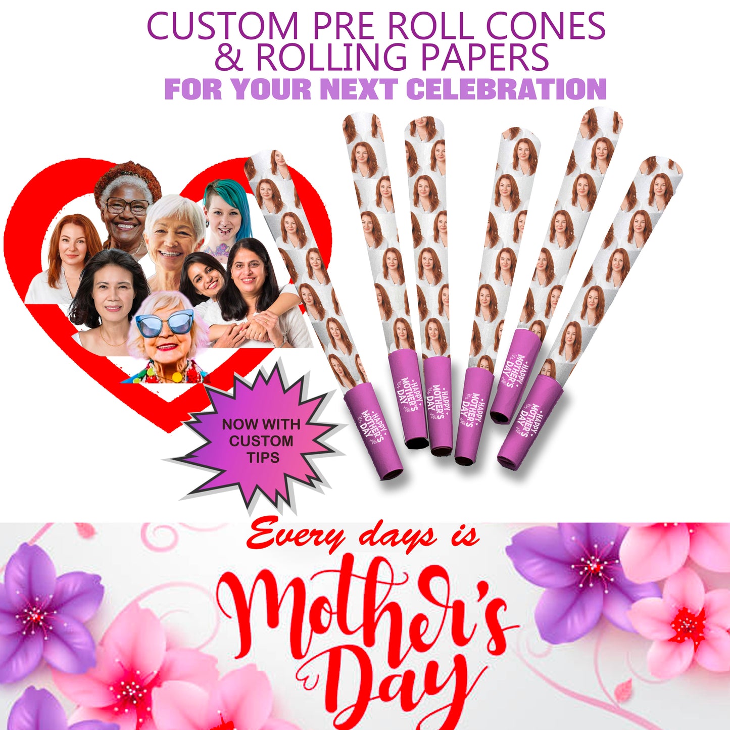 CUSTOM Designer Pre-Roll cones with Custom Tips option