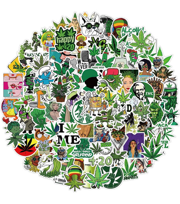 100 Pcs Weed Stickers Pack for Adults,Vinyl Waterproof Marijuana Sticker Decals for Skateboard Water Bottles CO/B\HA 