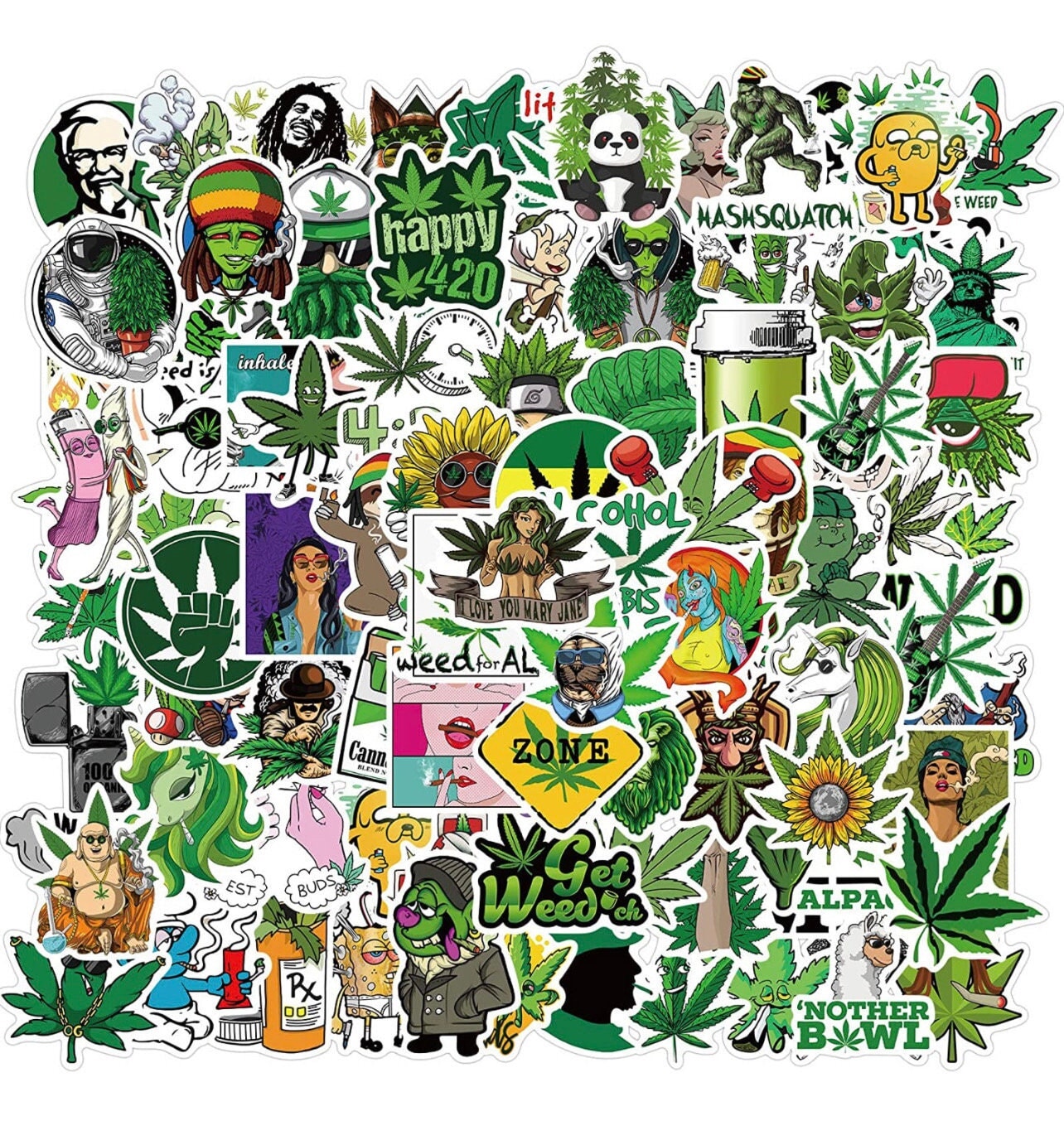 100 Pcs Weed Stickers Pack for Adults,Vinyl Waterproof Marijuana Sticker Decals for Skateboard Water Bottles CO/B\HA 
