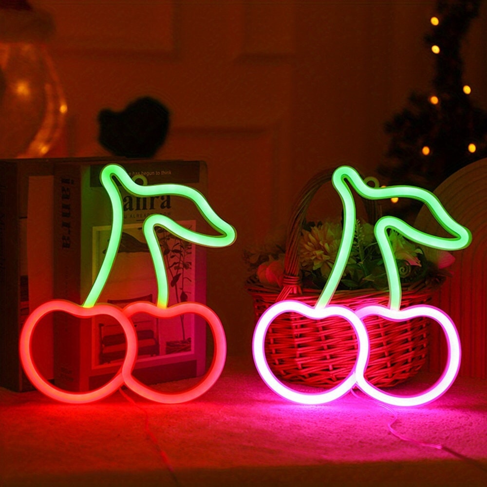 1PC USB+Battery Powered Cherry Shape Neon Light, Desktop Decoration Night Light, Bedroom Room Decoration Night Light, Including One Hook CO/B\HA 