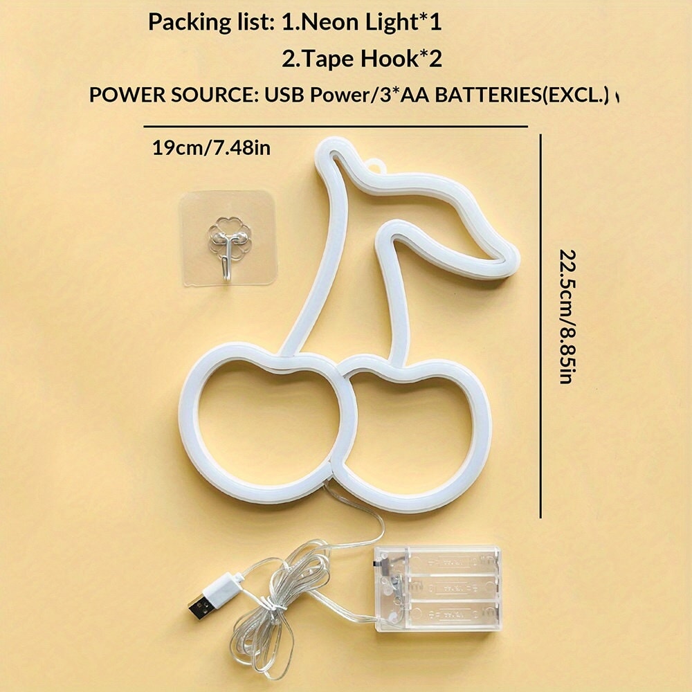 1PC USB+Battery Powered Cherry Shape Neon Light, Desktop Decoration Night Light, Bedroom Room Decoration Night Light, Including One Hook CO/B\HA 
