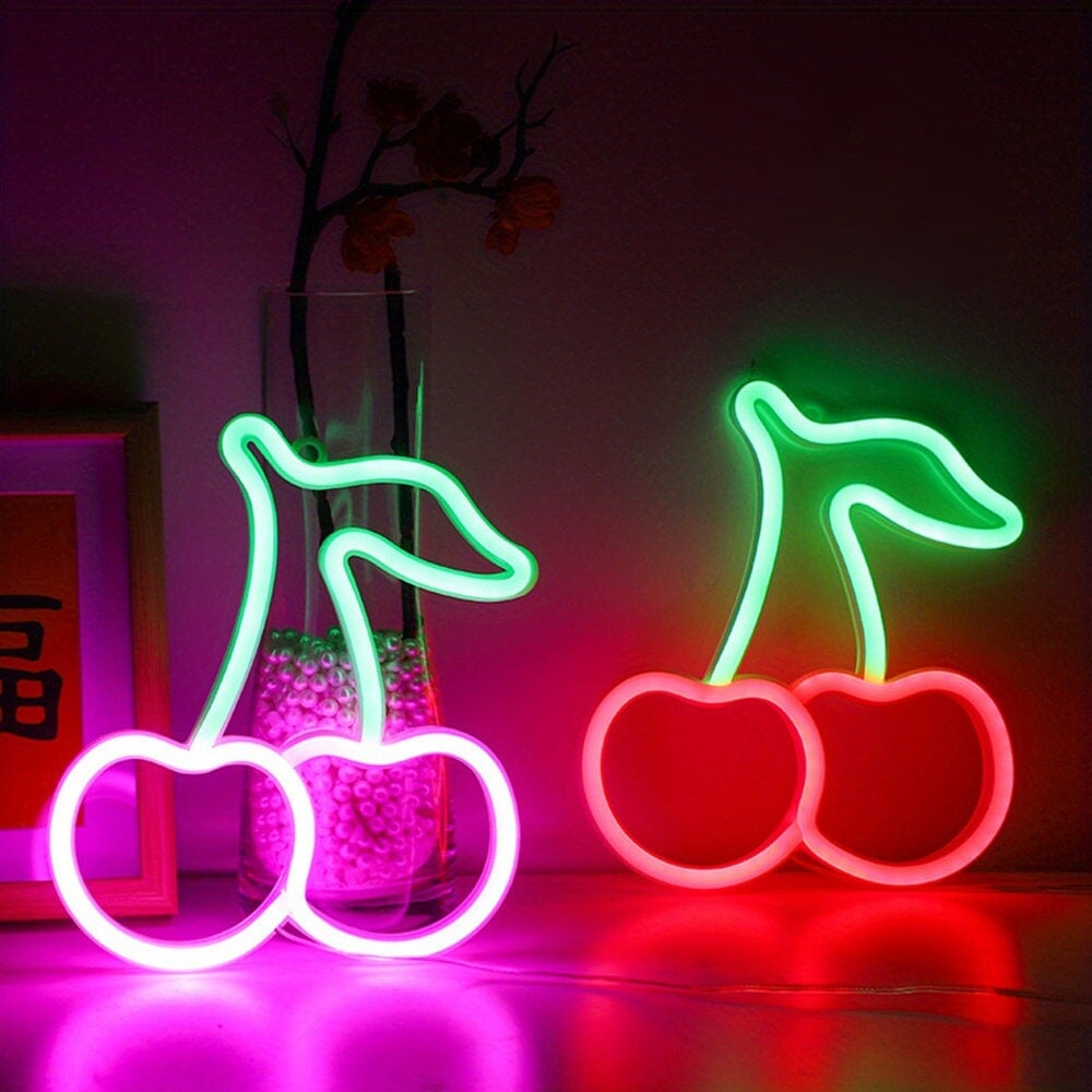 1PC USB+Battery Powered Cherry Shape Neon Light, Desktop Decoration Night Light, Bedroom Room Decoration Night Light, Including One Hook CO/B\HA 