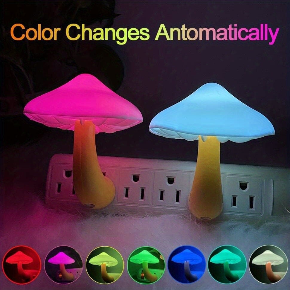 2 Pack LED Mushroom Night Light Lamp In LED Bed Cute Mushroom Nightlight Wall Light Baby Night Lights Kids Children (7-Color) CO/B\HA 