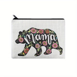 Bear & Floral Pattern Zipper Cosmetic Bag, Lightweight Square Casual Storage Bag, Portable Cute Coin Purse CO/B\HA 