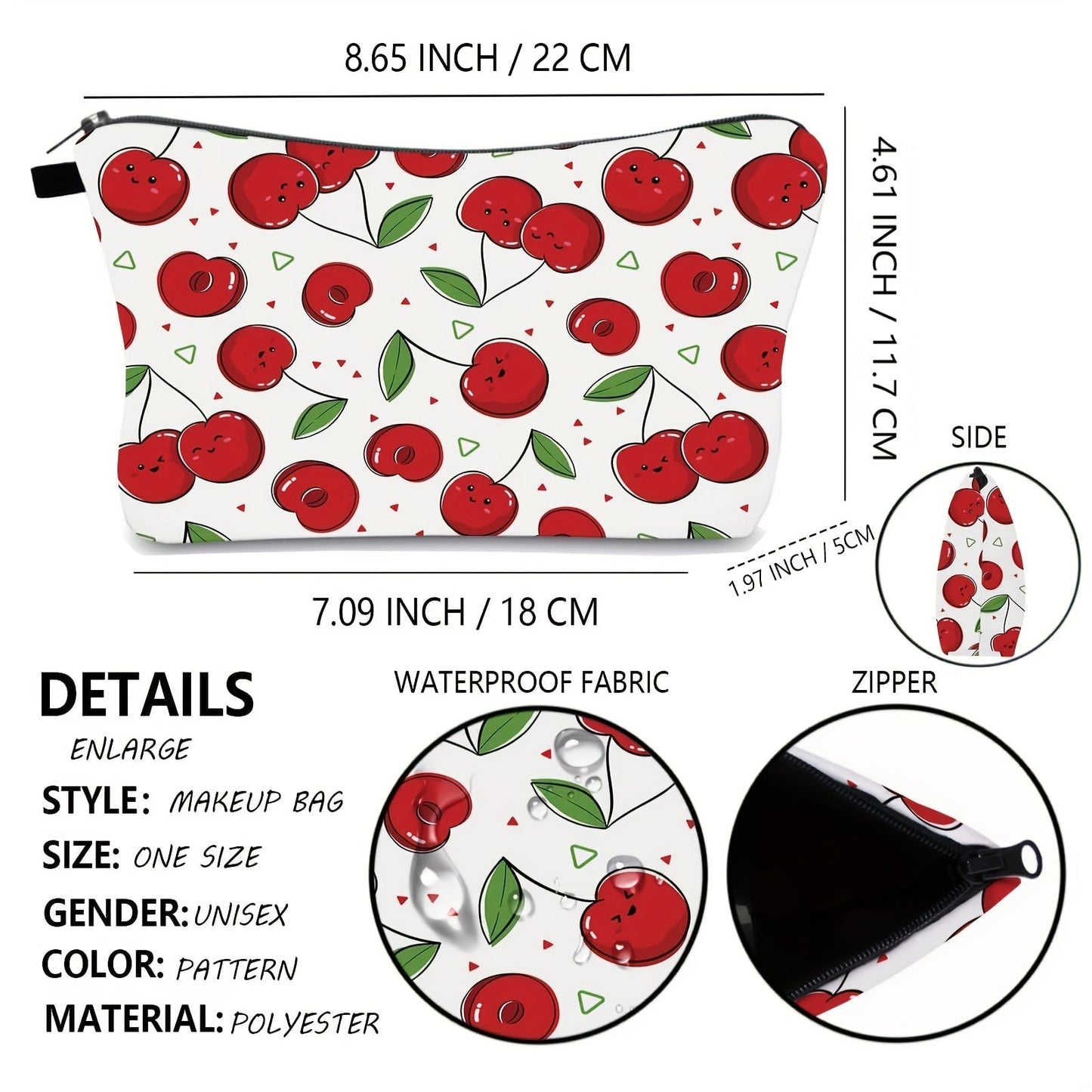 Cherry Printed Makeup Bag - Portable Cosmetic Organizer with Zipper Clutch for Women and Girls - Waterproof Toiletry Storage Bag CO/B\HA 