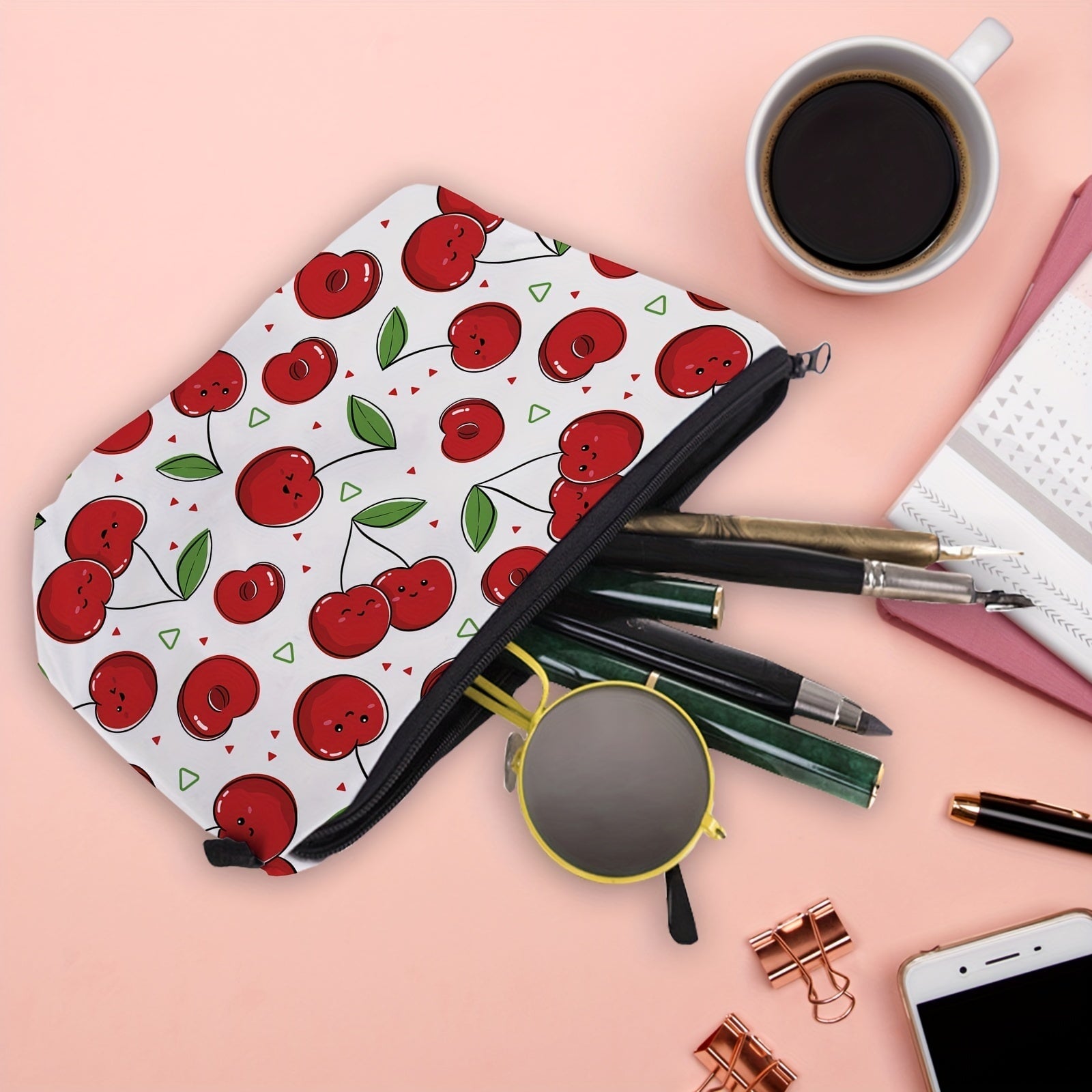 Cherry Printed Makeup Bag - Portable Cosmetic Organizer with Zipper Clutch for Women and Girls - Waterproof Toiletry Storage Bag CO/B\HA 