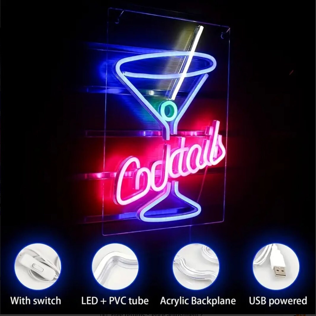 Cocktails Neon Sign, Bar Neon Festival Decorations, Cocktail Glass Shaped Neon Light Martini Neon Signs Wall Decor For Bar, Coffee Shop CO/B\HA 