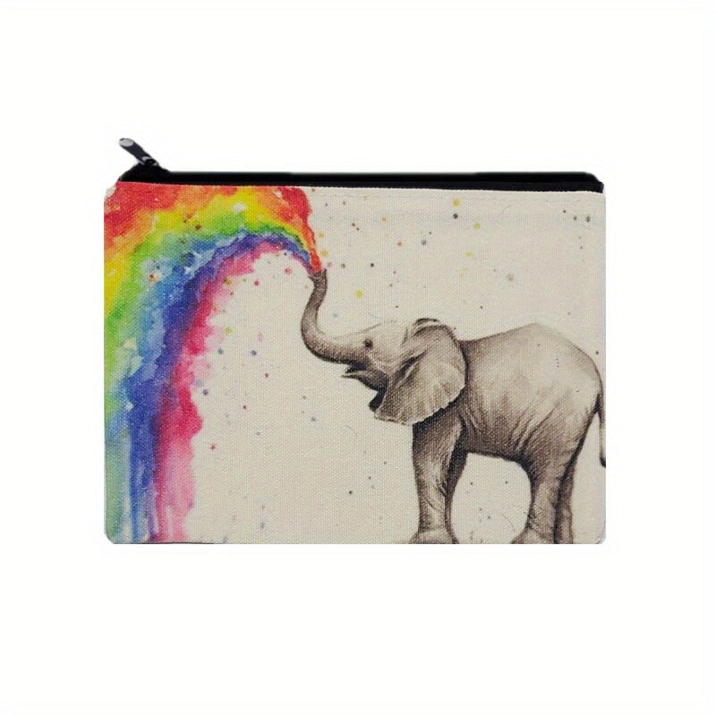 Elephant Spraying Rainbow Pattern Zipper Cosmetic Bag, Lightweight Square Casual Storage Bag, Portable Cute Coin Purse CO/B\HA 