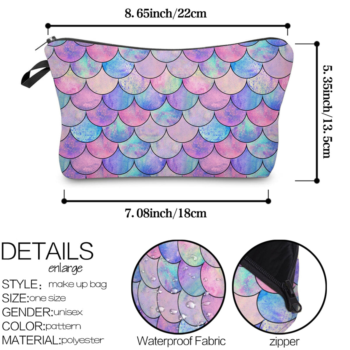 Fish Scale Print Zipper Small Makeup Bag, Lightweight Travel Storage Bag, Portable Versatile Bag CO/B\HA 