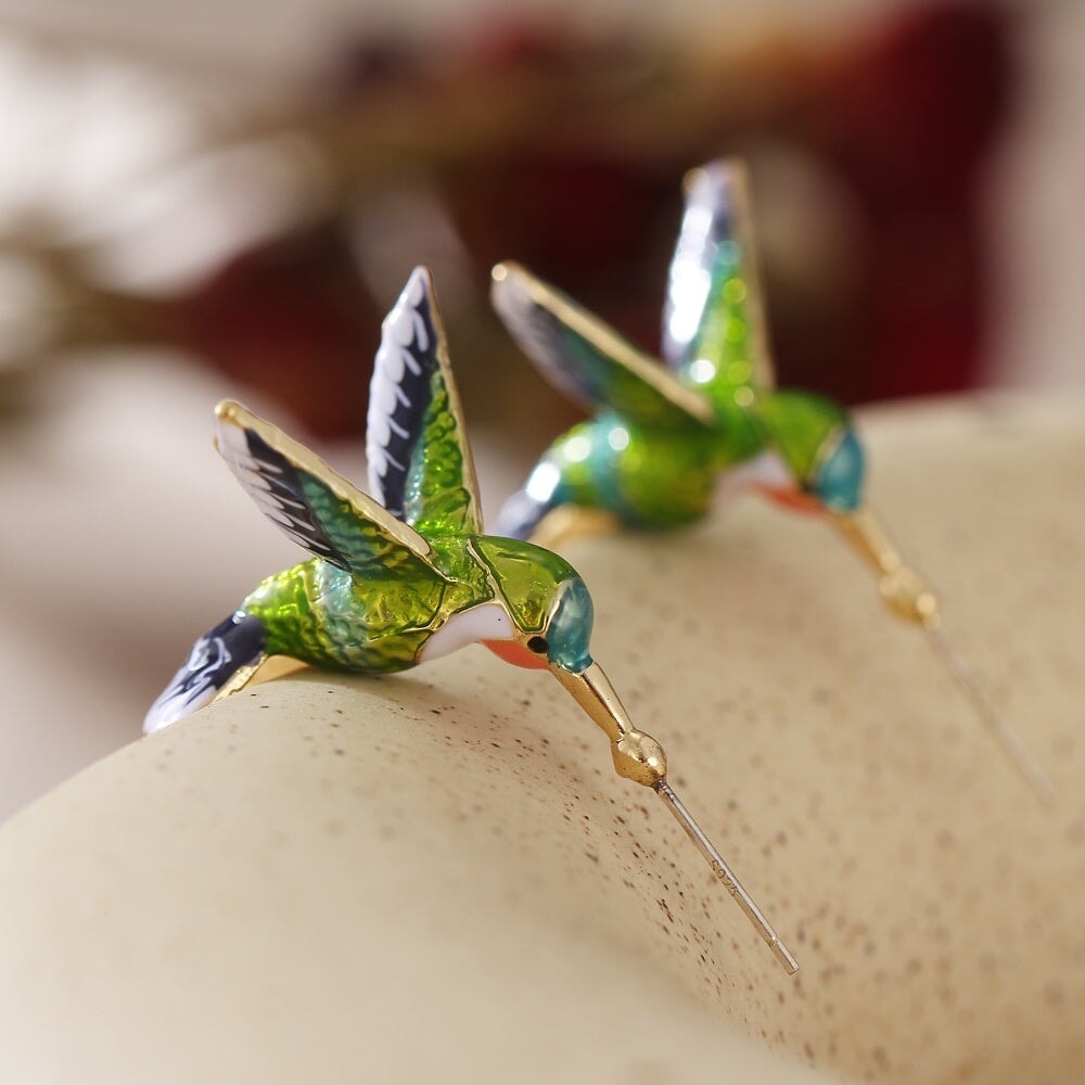 Flying Hummingbird Oil Painting Earrings Enamel Hummingbird Stud Earrings Colorful Animal Elegant Jewelry For Women Girls CO/B\HA 