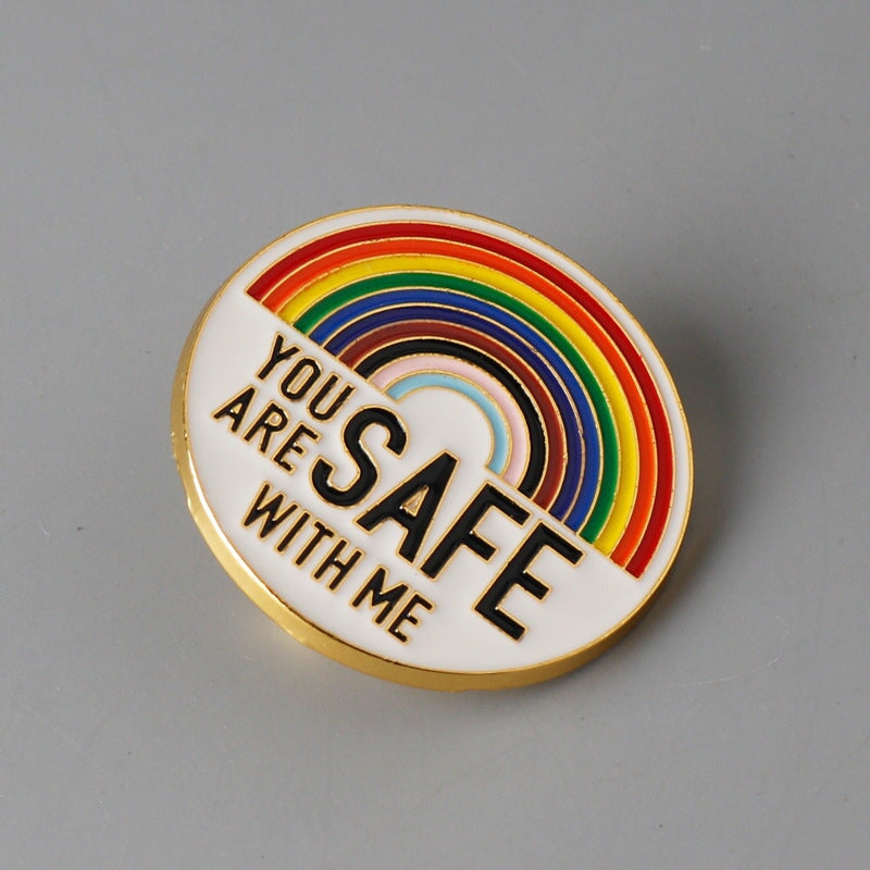 Pin: YOU ARE SAFE WITH ME Letter Brooch Pin Rainbow Shape Pattern LGBT Gay Pride Month Badge CO/B\HA 