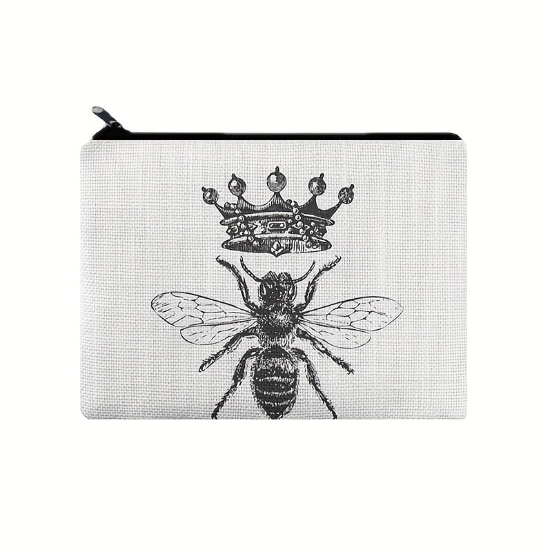 Queen Bee Pattern Zipper Purse, Canvas Storage Pouch, Lightweight Travel Makeup Bag CO/B\HA 