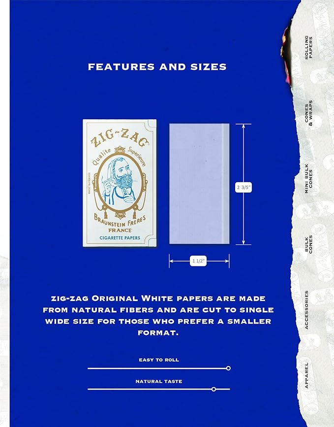 ZIG-ZAG Rolling Papers - Original White 70 mm Paper - Natural Gum Arabic - Thin Glue Sealing Line CO/B\HA